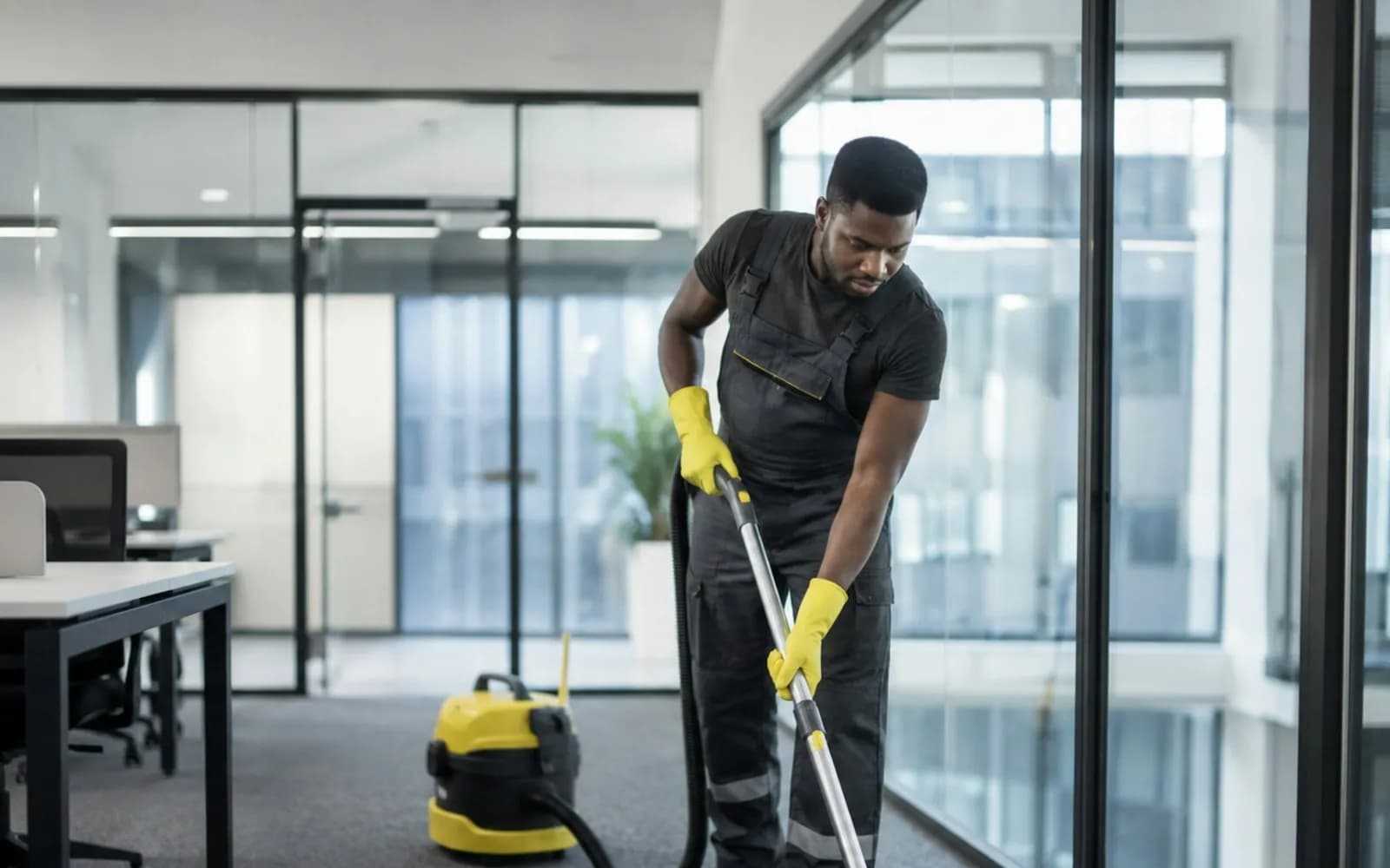 Agent nettoyant la moquette d'un bureau à l'aspirateur
